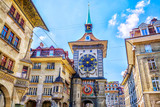 Fototapeta  - Astronomical clock on the medieval Zytglogge clock tower in Kramgasse street in old city center of Bern, Switzerland