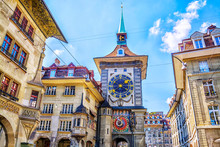 Astronomical Clock On The Medieval Zytglogge Clock Tower In Kramgasse Street In Old City Center Of Bern, Switzerland
