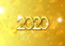 Golden 2020 Lettering On Bright Yellow Christmas Bokeh Background. Abstract New Year Greeting Card Vector Design