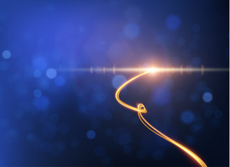 Golden ribbon with light trail effect and energy lines vector background.