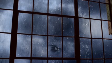 Canvas Print - scary bat filled sky outside old factory window 4k loop features a view out of an old factory window