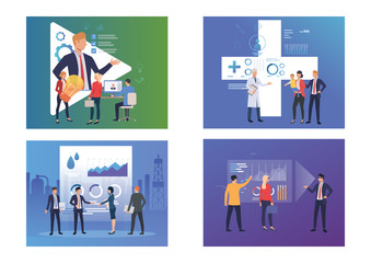 Wall Mural - Consulting expert illustration set. People meeting with partners, visiting doctor, watching webinar. Communication concept. Vector illustration for landing pages, presentation slide templates