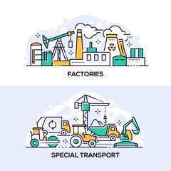 Factories and special transport linear banner template