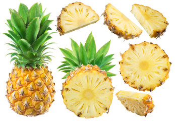 Wall Mural - Collection of pineapple and different pineapple fruit slices on white background.