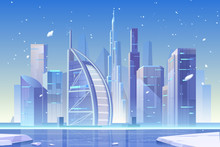 Winter City Skyline At Frozen Waterfront Bay. Futuristic Metropolis Architecture And Ferris Wheel View Under Fallen Snow. Luxury Skyscrapers Buildings Cityscape Background. Cartoon Vector Illustration