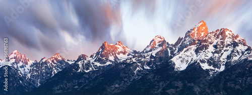 Fotografía Sunrise on Snowcapped Mountains