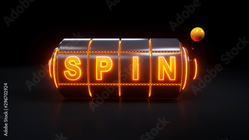 Fotografía Spin Slot Machine Gambling Concept With Neon Orange Lights - 3D Illustration