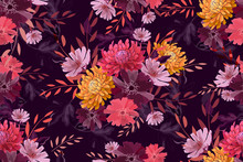 Art Floral Vector Seamless Pattern. Summer, Autumn Garden Flowers Isolated On Deep Purple Background. Yellow, Pink, Pale Purple Asters, Chrysanthemums, Coral Color Twigs With Leaves.