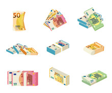 Euro Bill Stacks Flat Vector Illustrations Set