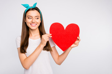 Wall Mural - Portrait of positive cheerful girl hold red big paper card gift present for 14-february wear casual style outfit isolated over white color background