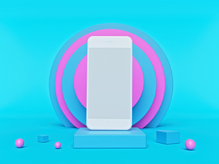 Poster - Abstract geometric background with a smartphone. Fashion and trendy mockup. vibrant design suitable for product presentation and advertising. 3d rendering