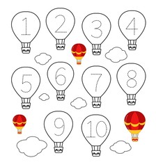 Sticker - Handwriting practice sheet. Learning numbers 1-10. Educational game for children. Cartoon air balloon.