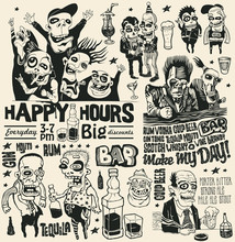 Crazy Bar Doodles Set, Funny Personages, Bottles, Glass  And Hand-Written Fonts. Hand Drawn Design Elements. Vector Illustration.