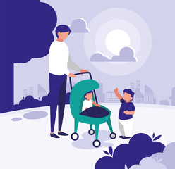 Poster - man with children in park in the city, scene of people outdoor