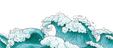 Seamless Horizontal Border With Ocean Water Waves Cartoon Vector Illustration.