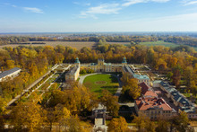 Aerial View Of The Colonnade And Formal Garden Of The Royal Palace Of Warsaw, The Official Palace Of The King And Queen Of Poland In The Historical Center.