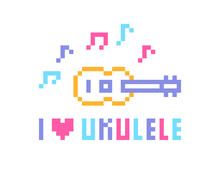 I Love Ukulele,pixel Art Isolated On White Background. Guitar Fan Print. Music School/store Banner. Old School Vintage Retro 80s, 90s Slot Machine/game Graphics.