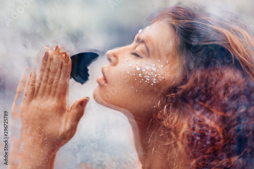beautiful young woman with butterfly. conceptual. double exposure Poster Mural XXL