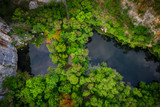 Fototapeta Natura - Aerial view of round shaped pond in autumn forest