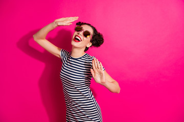 Portrait of her she nice-looking attractive glamorous lovely cheerful cheery glad glam girl having fun dancing isolated over bright vivid shine vibrant pink fuchsia color background