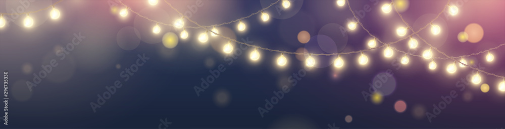 Vector horizontal banner with string of realistic hanging yellow lights garlands on dark blue background with effect bokeh. Festive shiny glowing bulbs for design of website headers and holiday flyers - obrazy, fototapety, plakaty 