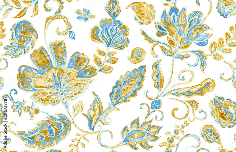 Fotografia Paisley watercolor floral pattern tile with flowers, flores, tulips, leaves
