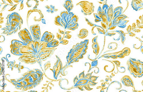 Photographie Paisley watercolor floral pattern tile with flowers, flores, tulips, leaves