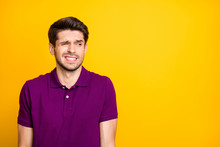 Close-up Portrait Of His He Nice Attractive Sad Uncertain Puzzled Guy Wearing Lilac Shirt Grimacing Looking Aside Isolated Over Bright Vivid Shine Vibrant Yellow Color Background