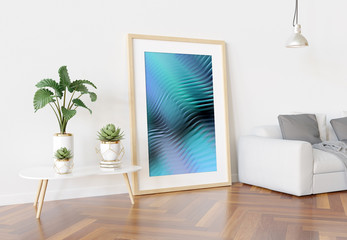 Aufkleber - Wooden frame leaning in bright white living room with plants and decorations mockup 3D rendering