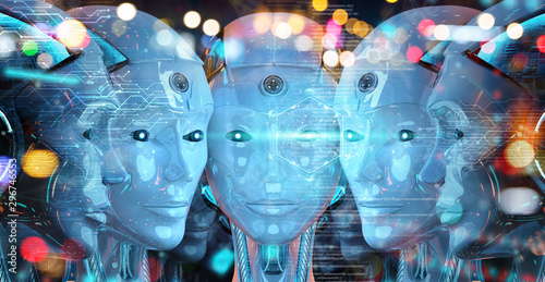 Photographie Group of female robots heads using digital hologram screens 3d rendering