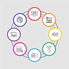 Poster - 8 colorful stroke icons set included global, laptop, data, warehouse, medal, marketing, laptop, analytics