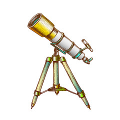 Poster - Astronomer Equipment Telescope Color Vector. Standing Telescope For Explore And Observe Galaxy And Cosmos. Discovery Optical Device Designed In Retro Style Illustration