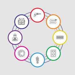 Poster - 8 colorful stroke icons set included voltmeter, electrician, dimmer, light bulb, socket, socket, wires, driller