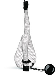 slim beautiful female legs in fishnet stockings and high heels. A metal ball is chained on one leg with a chain