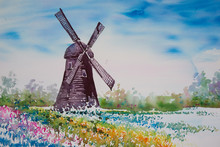 Watercolor Painting Of A Windmill And Beautiful Flowers