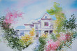 Watercolor painting of a house and beautiful flower garden