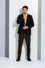 Wall Mural - stylish man touching yellow tie on white and grey