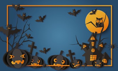 Cartoon Halloween banner template with black house, bats and pumpkins