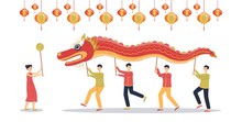 Cartoon People Holding Chinese Red Dragon Mascot Above Their Heads