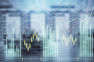 Stock market chart with trading desk bank office interior on background. Double exposure. Concept of financial analysis