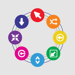 Poster - 8 colorful round icons set included down arrow, minimize, insert, expand, diagonal arrow, left arrow, shuffle, diagonal