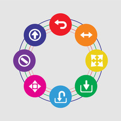 Poster - 8 colorful round icons set included up arrow, cancel, move, upload, down arrow, diagonal arrow, diagonal turn left