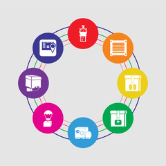 Poster - 8 colorful round icons set included calendar, package, package, delivery truck, package, box, box, scale