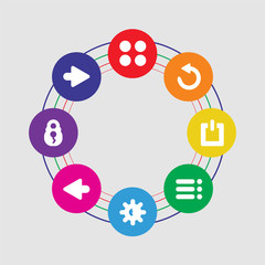 Poster - 8 colorful round icons set included right arrow, padlock, left arrow, brightness, list, power, reload, menu