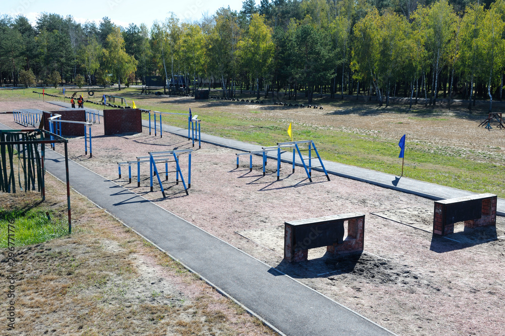View of the obstacle course on training ground of the military base ...