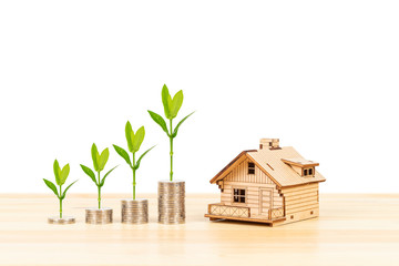 Wall Mural - Coin stack and model house with growing tree leaves on wooden desk on white background, mortgage concept