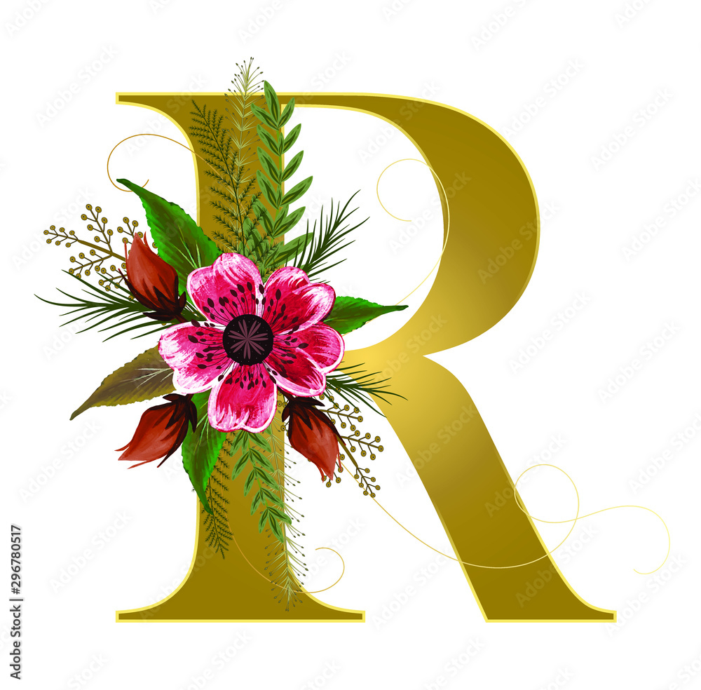 Golden Alphabet flowers - Letter R with watercolor flowers and leaves ...