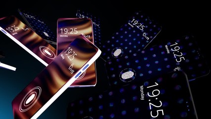 Poster - Abstract of smartphones with screen lock. Animation. Animation of rotating and hovering smartphones with glowing lock screens. Background with smartphones for advertising
