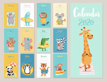 Calendar 2020. Cute Monthly Calendar With Beach Animals.