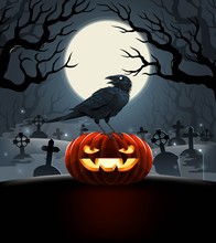 Vector Card With Evil Pumpkin With Raven On It